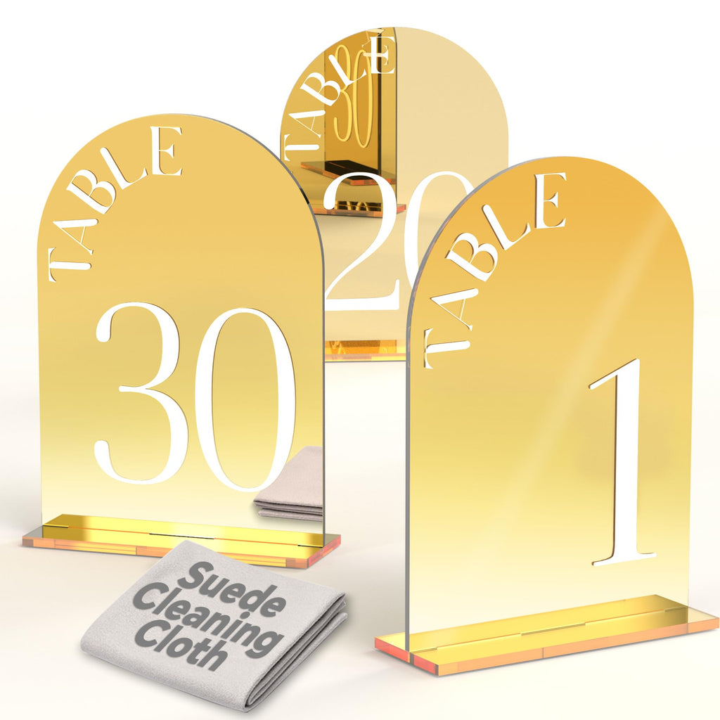 Framokoko Mirror Arched Wedding Table Numbers 1-30 with Stands, 5"x7" Double-sided Letter, Acrylic Wedding Signs Centerpiece Decoration for Wedding Reception Party (Gold, Table Numbers 1-30)