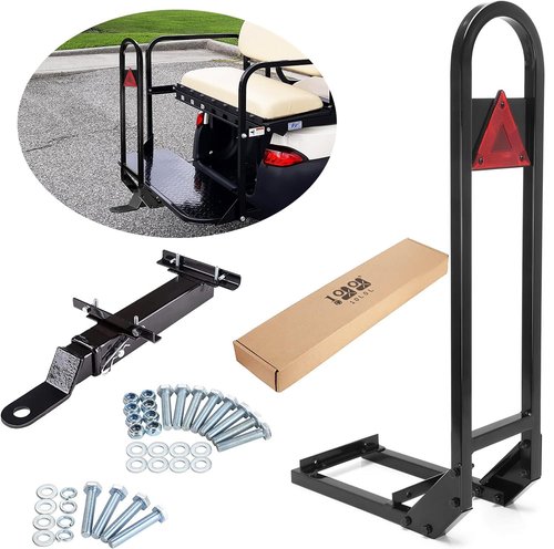 10L0L Universal Golf Cart Rear Seat Safety Grab Bar and Trailer Hook Hitch with Receiver for Yamaha EZGO Club Car, Heavy Duty Material Hand Rail Add Safety to Your Rear Passengers - Black