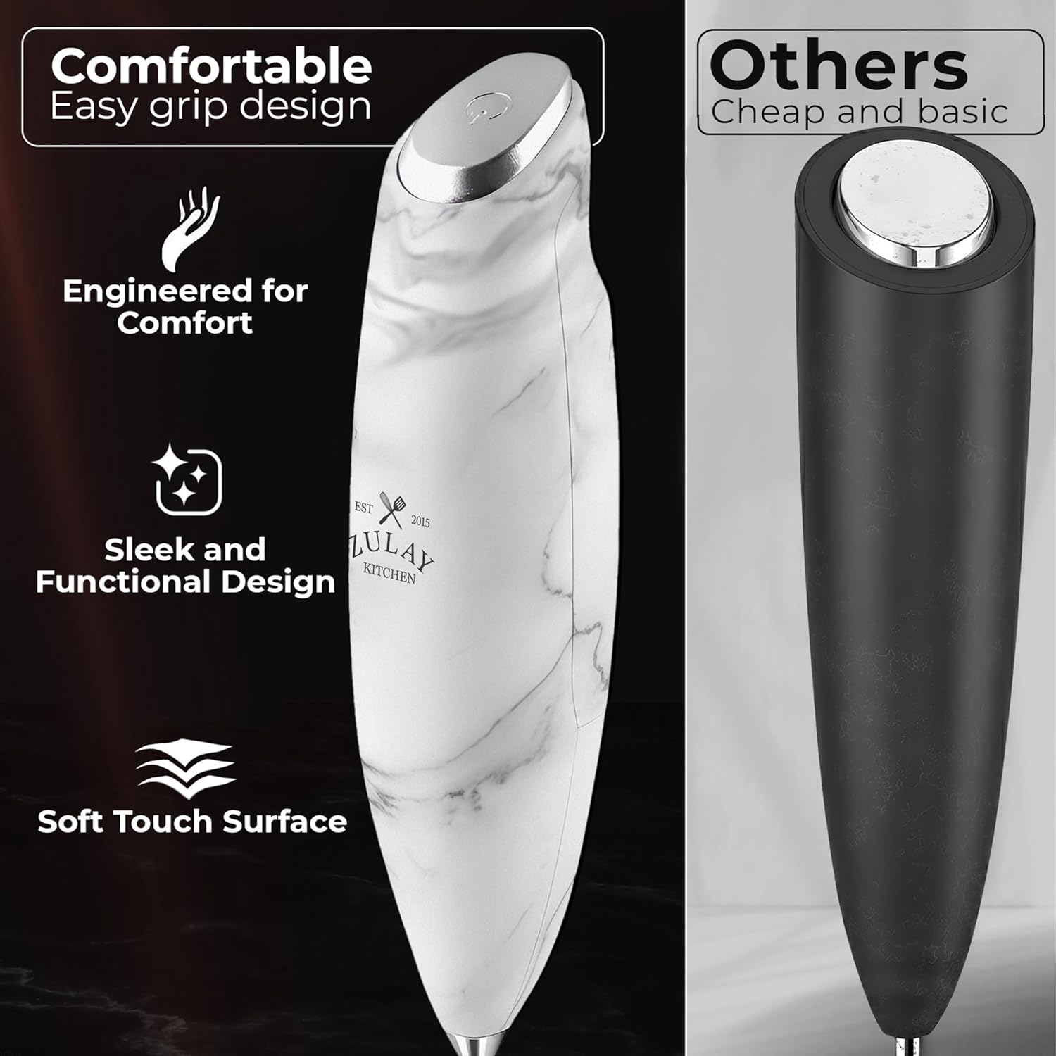 Zulay Kitchen Tornado Triple Whisk Milk Frother - Handheld Foam Maker for Coffee & Lattes - Includes 4 Duracell Batteries - Marble Finish