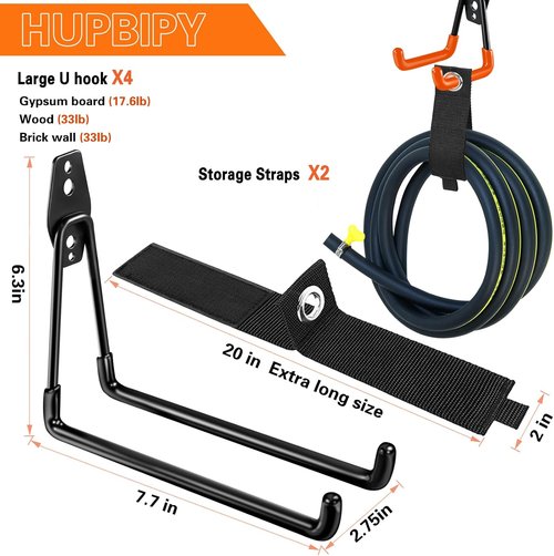 HUPBIPY Heavy Duty Garage Hooks - 7.7 Inch U-Shaped Hangers with Cord Organizer | 4 Pack for Tools & Bikes