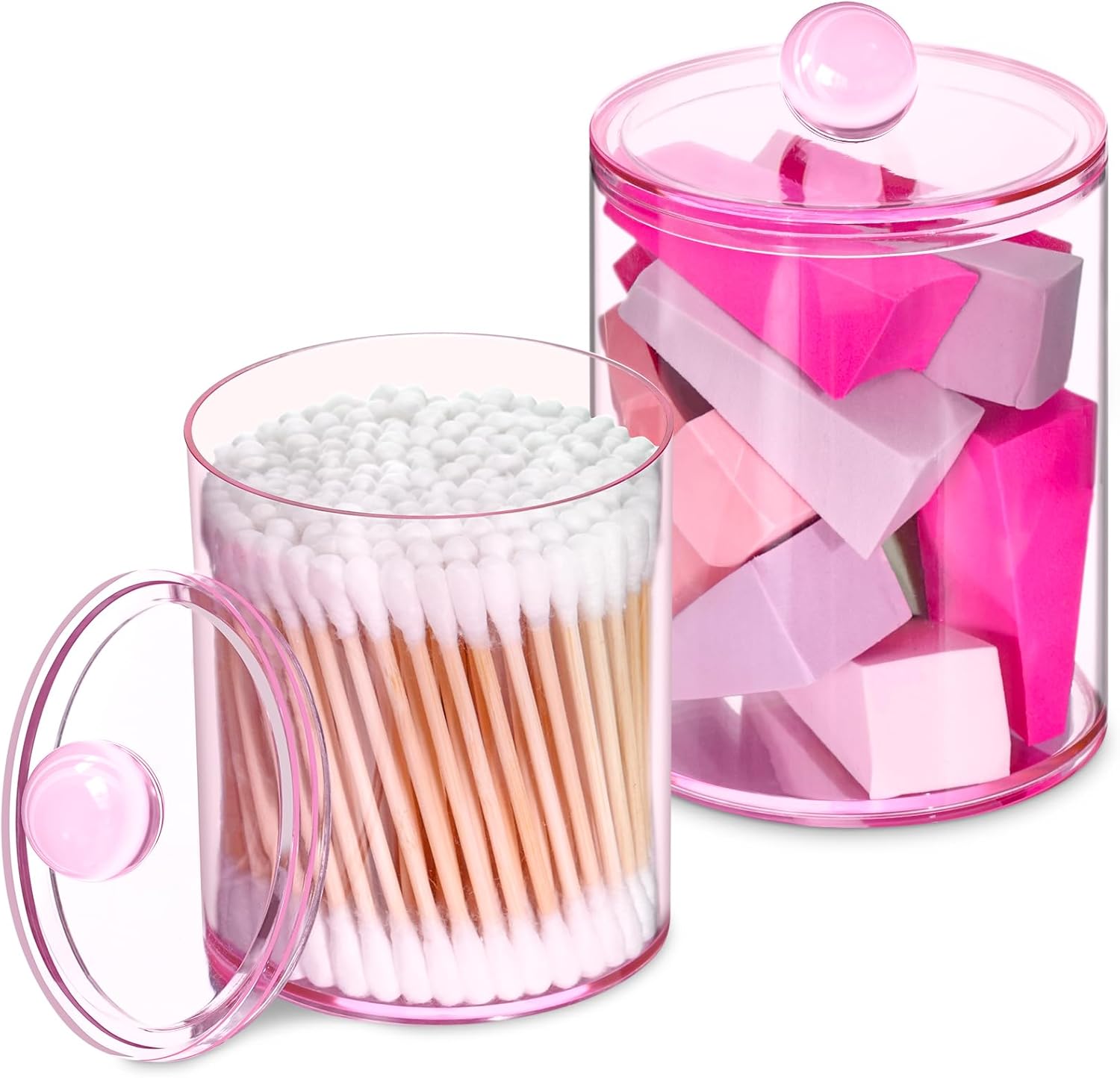 XIPENGKEJI Qtip Holder Set - Stylish Apothecary Jars for Cotton Swabs & Pads | 10oz-12oz Pink Canisters