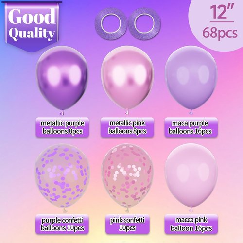 KAWKALSH 68pcs Metallic Purple & Pink Balloons - 12 Inch Confetti Latex for Girls' Birthday & Baby Shower Decor