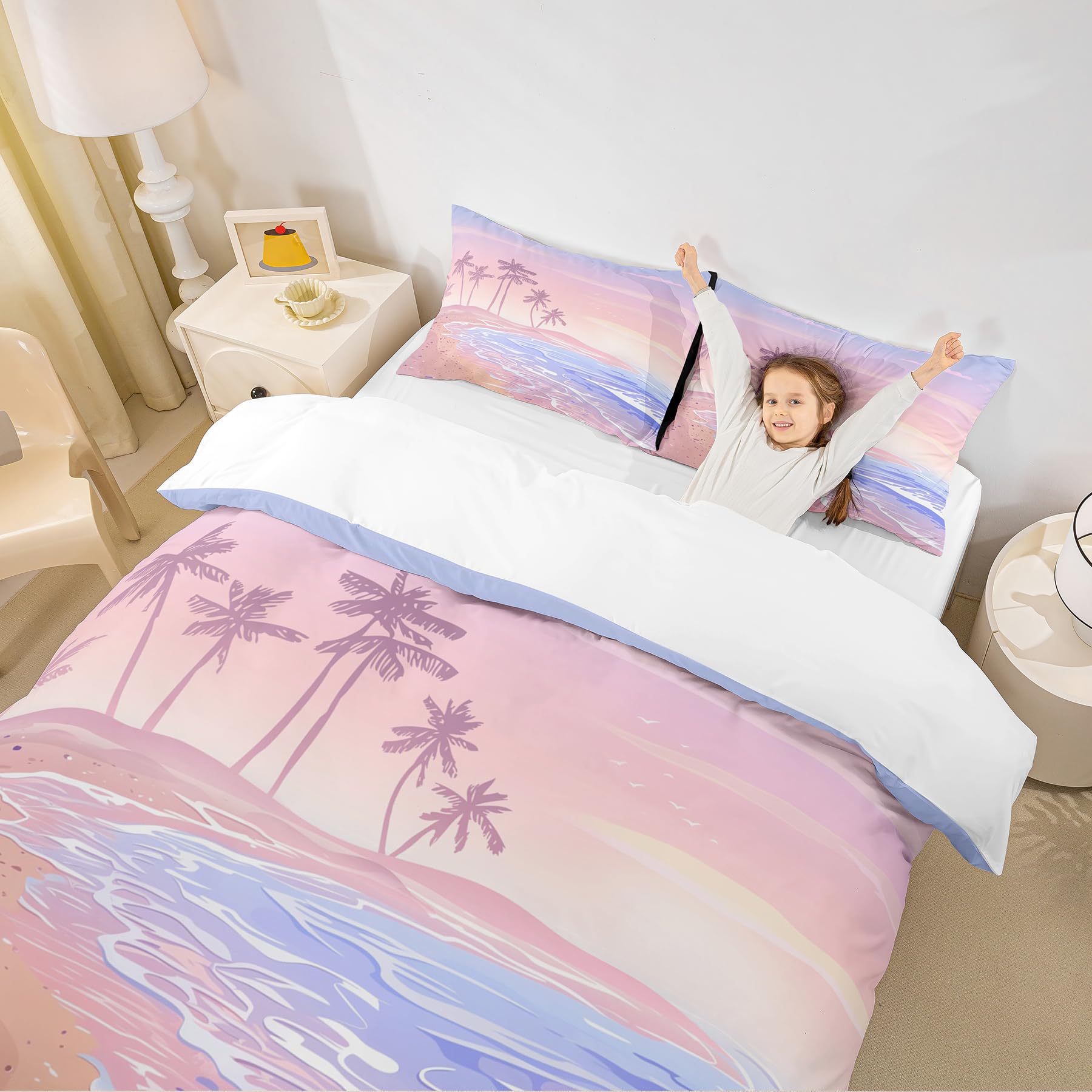 Homewish Girls Pink Beach Duvet Cover Set Full Size Kids Romantic Hawaii Ocean Style Bedding Set 3pcs Teens Lover Room Decor Palm Trees Sky View Comforter Cover Girly Summer Quilt Cover,2 Pillowcases