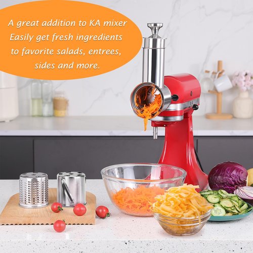 FavorKit Fresh Prep Slicer Shredder Attachment for KitchenAid Stand Mixers, Stainless Steel Large Salad Maker,Cheese Grater Accessories with 3 Thick Blades,Dishwasher Safe
