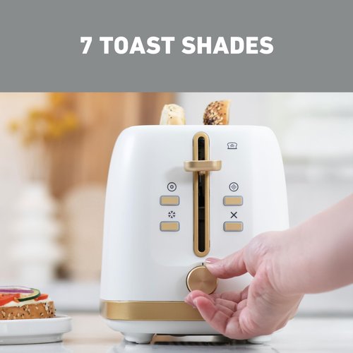 West Bend Timeless 4-Slice Toaster with 7 Browning Levels, Bagel/Waffle/Defrost Settings, High-Lift Lever, Anti-Jam, Easy-Clean Crumb Tray, 4-Slice, White/Gold