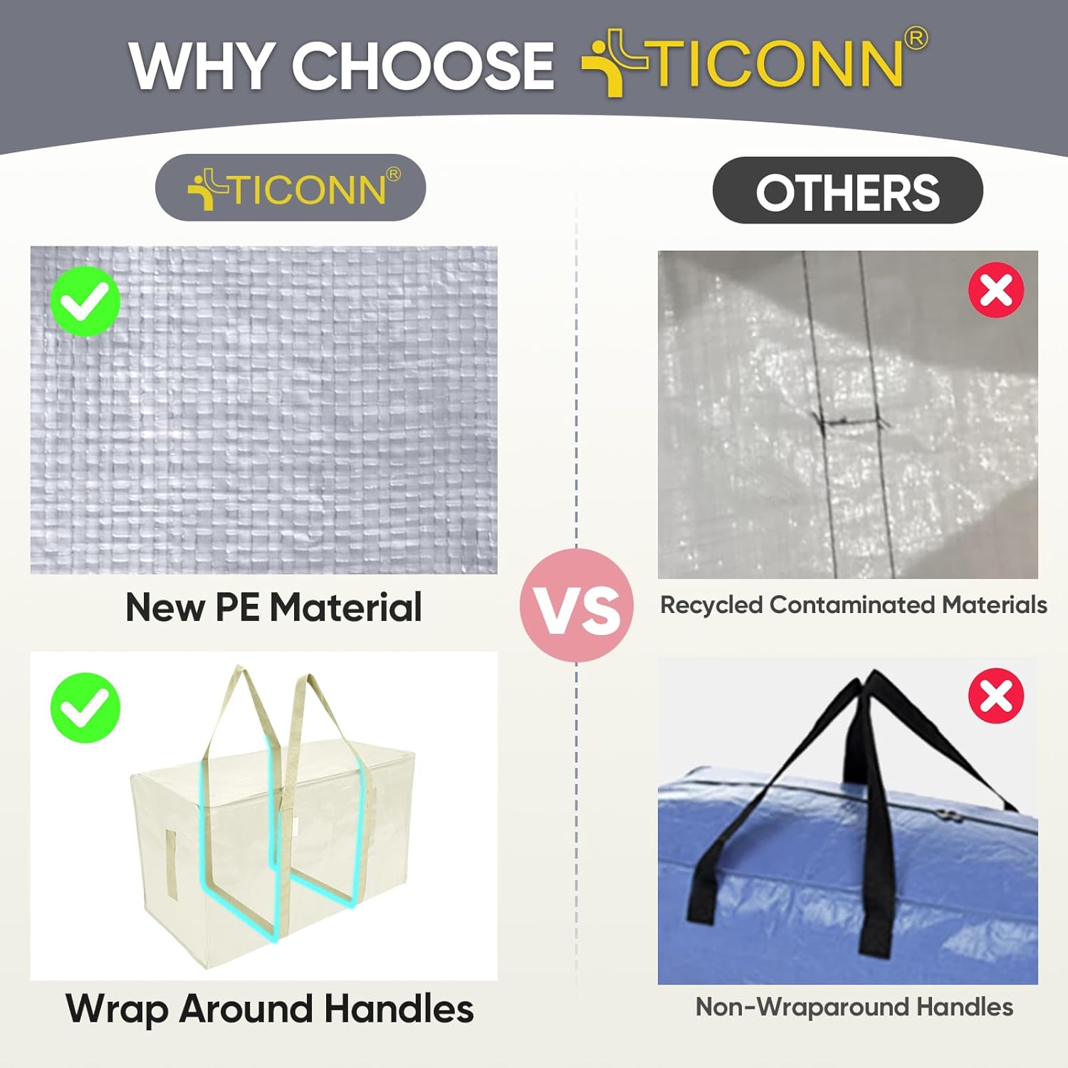 TICONN Extra Large Heavy-Duty Moving Bags - Durable Storage with Zippers & Handles | 6 Pack, Cream