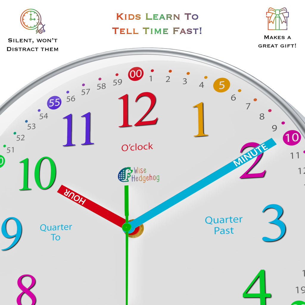 WISE HEDGEHOG Learning Clock for Kids, Silent Non Ticking, Telling Time Teaching Clock, Room Wall Decor for Bedrooms, Analog Kids Clock for Teaching Time, Kids Learn to Tell Time Easily