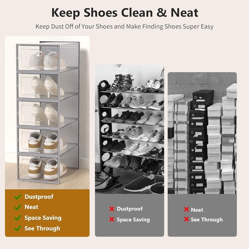 Kuject Shoe Storage Box - Large Stackable Organizer for Closet | Space-Saving Grey 12-Pack