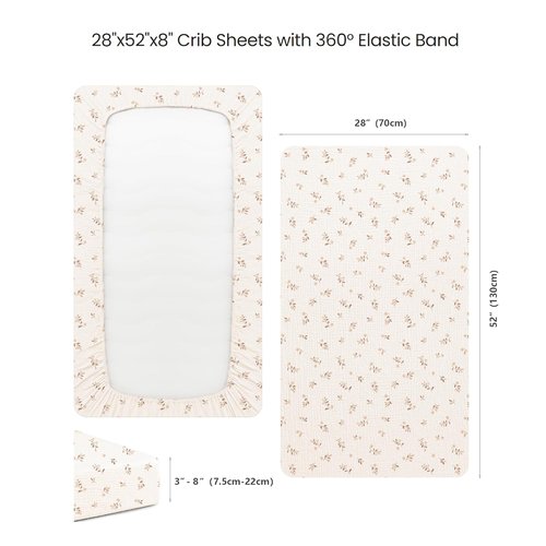Konssy Muslin Crib Sheets - Soft & Breathable Cotton Baby Sheets | 2 PCS for Standard Crib Mattress, 52"x28" (Pink Sun & Khaki Leaf)
