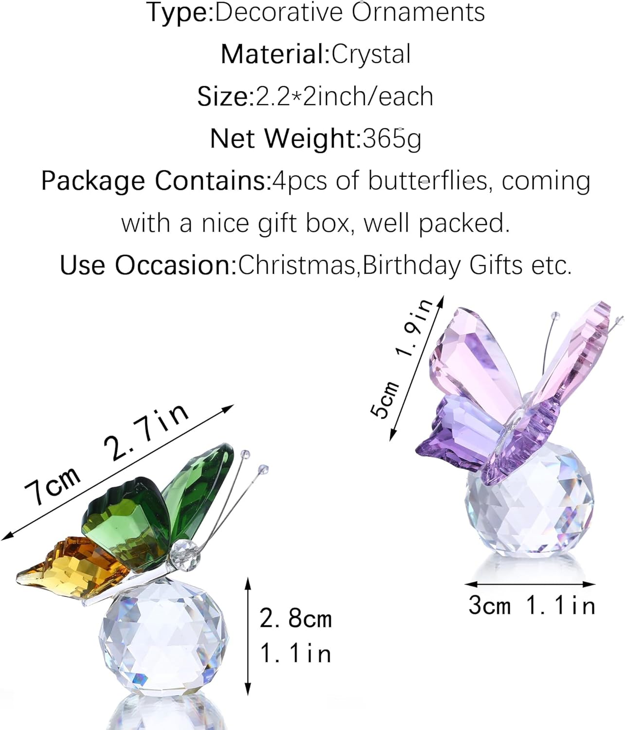 Skiennix Crystal Butterfly Figurines - Set of 4 Decorative Glass Butterflies | Perfect Christmas Gifts for Women (2.2 x 2 Inch)