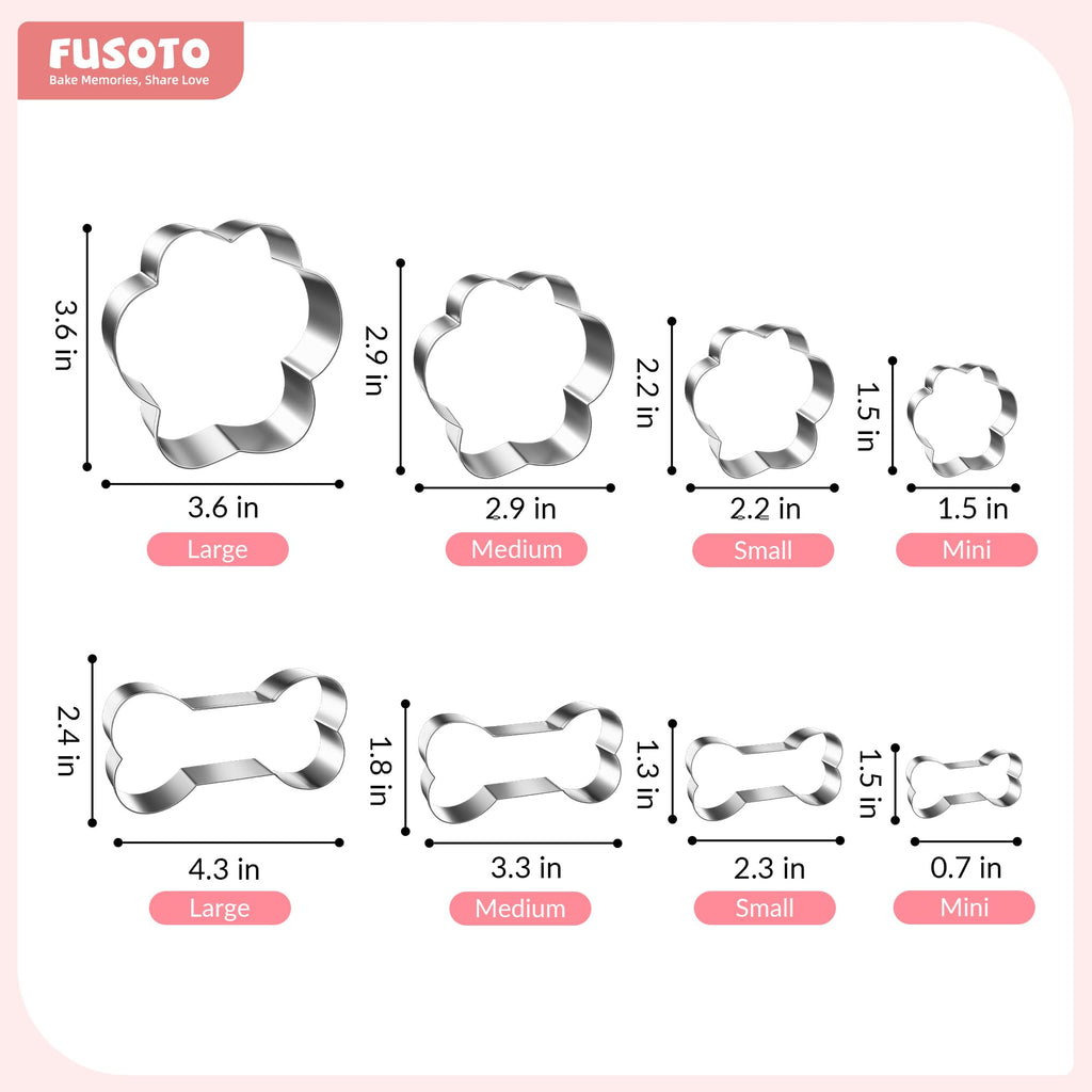 FUSOTO 8PCS Dog Paw Bone Cookie Cutter Set, Stainless Steel Baking Supplies for Homemade Cookies, Dog Paw Bone Cookie Cutters Shapes Biscuit Molds for Treat