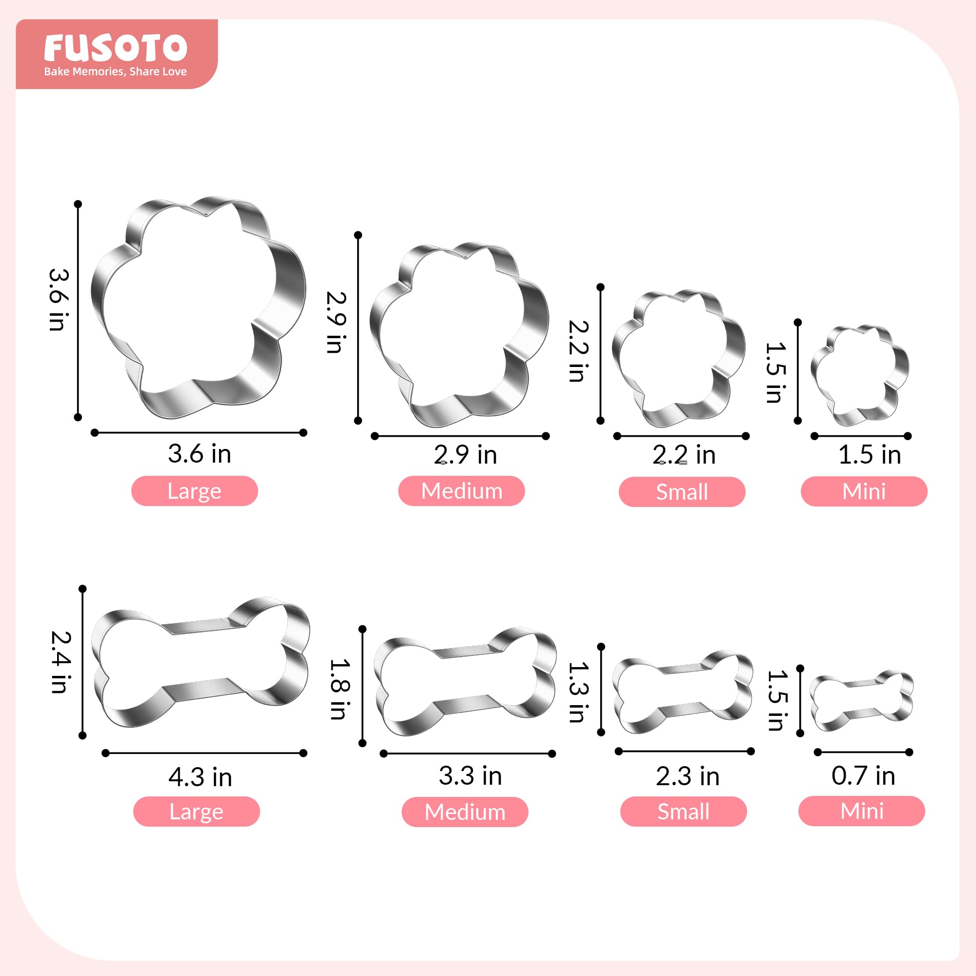 FUSOTO 8PCS Dog Paw Bone Cookie Cutter Set, Stainless Steel Baking Supplies for Homemade Cookies, Dog Paw Bone Cookie Cutters Shapes Biscuit Molds for Treat
