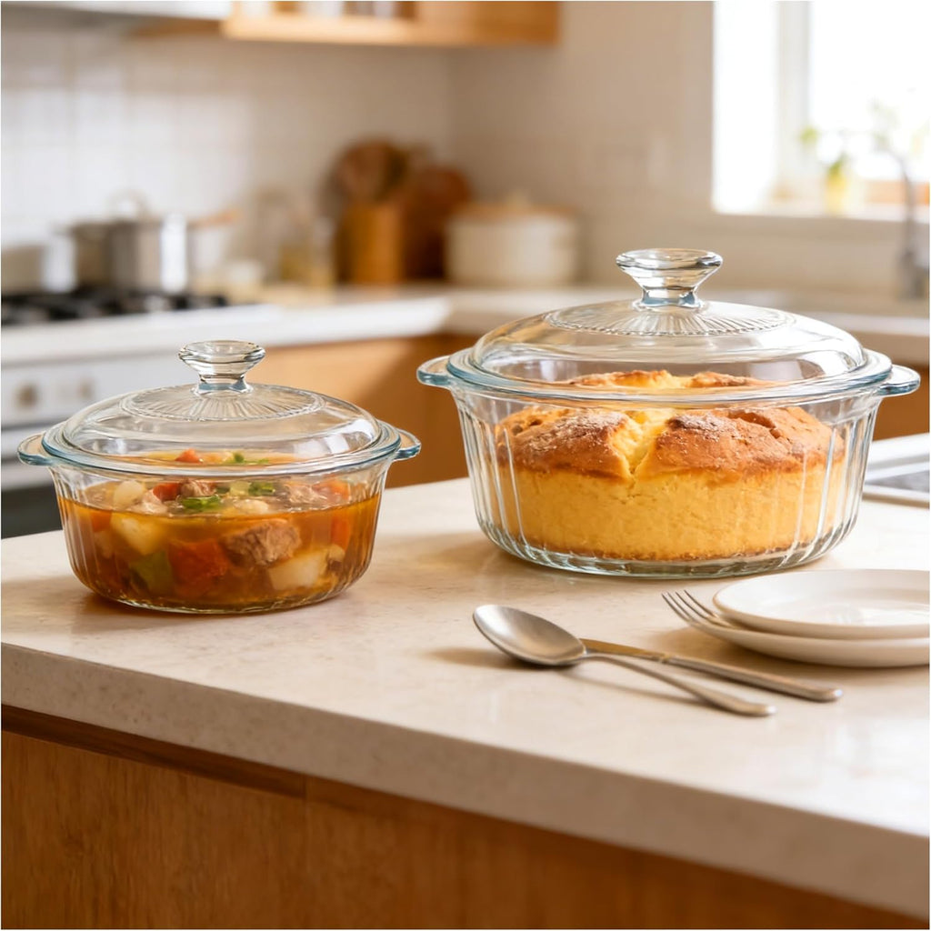 Round Glass Casserole Dish With Lid - 2.4QT Borosilicate Oven Baking Dish | Clear Cookware for Cooking & Serving