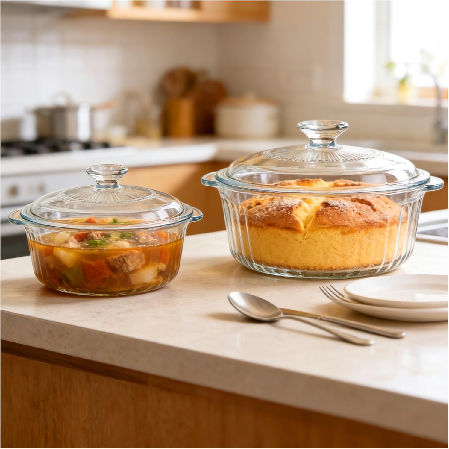 Round Glass Casserole Dish With Lid - 2.4QT Borosilicate Oven Baking Dish | Clear Cookware for Cooking & Serving