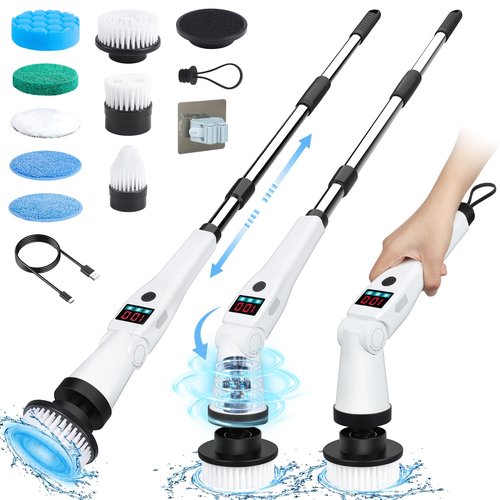 Electric Spin Scrubber, Shower Scrubber with Long Handle, Rechargeable Cordless Power Scrubber, Retractable & Adjustable Angle Spin Brush for Cleaning Bathroom/Tub/Floor/Tile (Black-White)