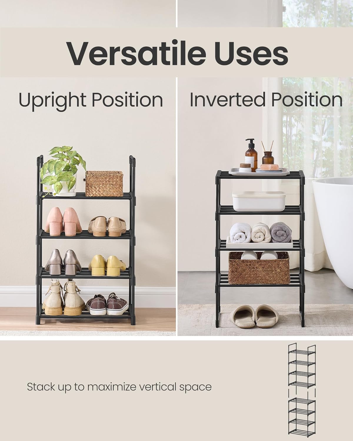 SONGMICS 4-Tier Shoe Rack - Stackable Metal Organizer for 5-10 Pairs | Black, 11.8 x 16.7 x 28.2 Inches