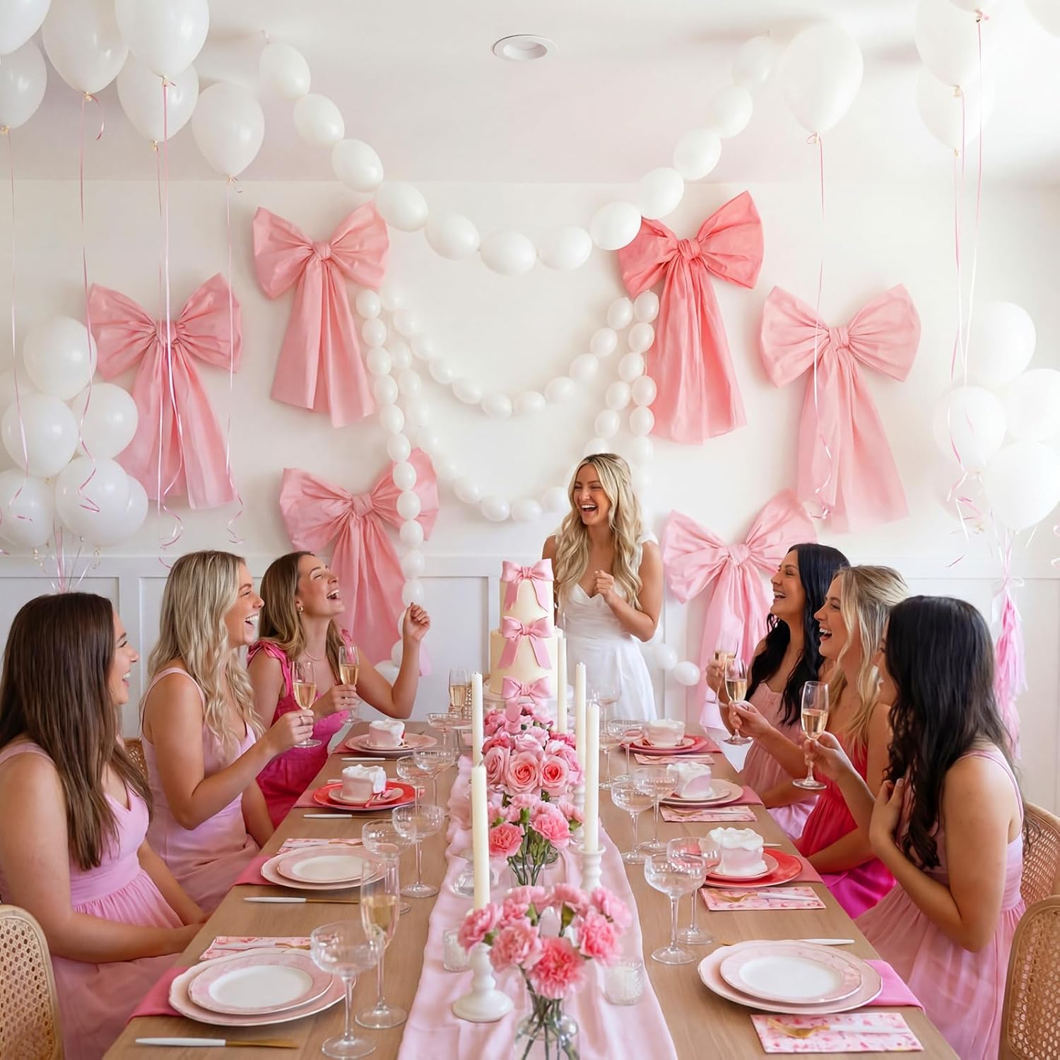 Pink Bow Birthday Decorations Set - 4 DIY Giant Wall Bows & 100 Link Balloons for Parties
