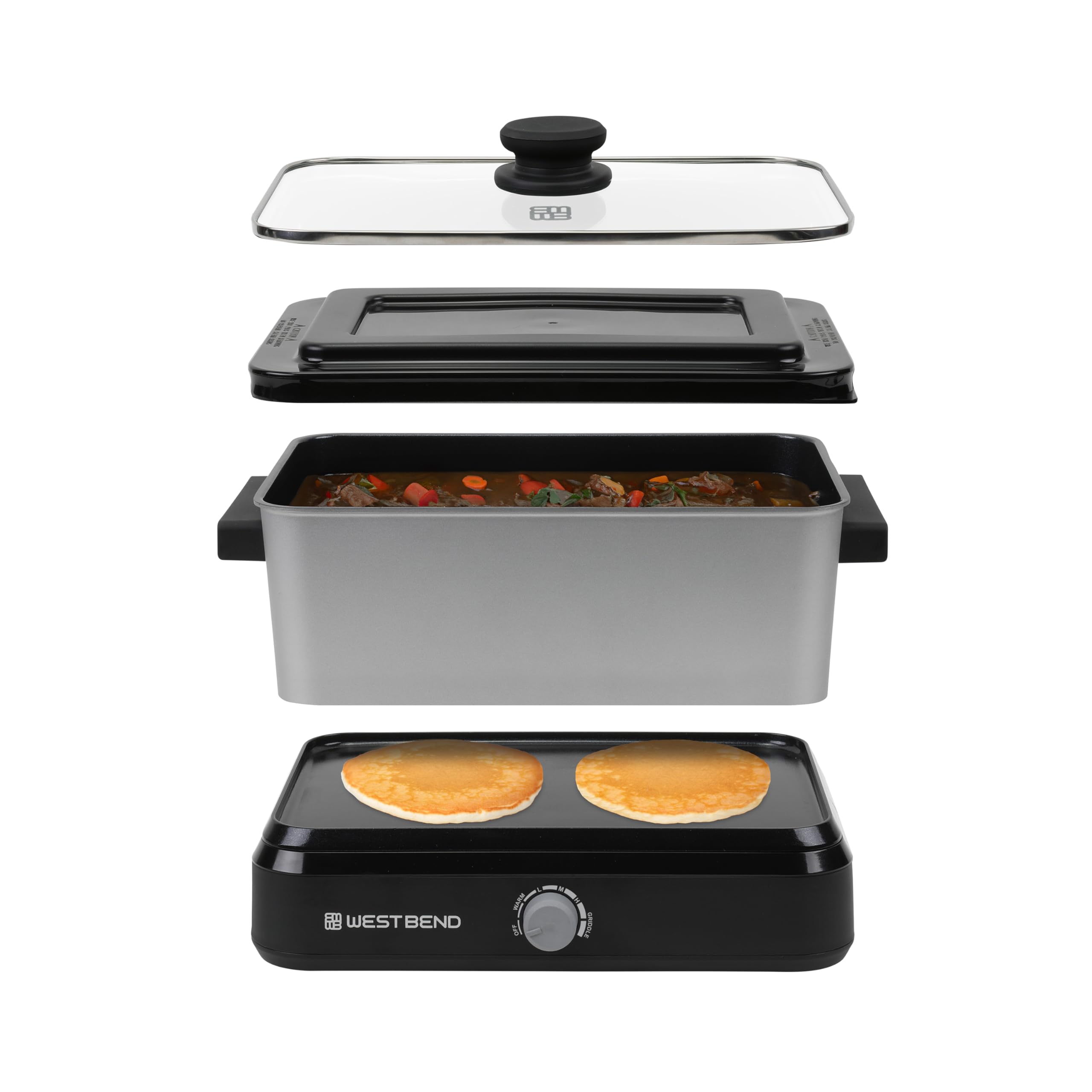 West Bend Versatility Slow Cooker Large Capacity Non-stick Cooking Vessel & Variable Temperature Heating Base Includes Travel Lid and Storage Bag, Range and Oven-Safe Cooking Pot, 5-Quart, Silver
