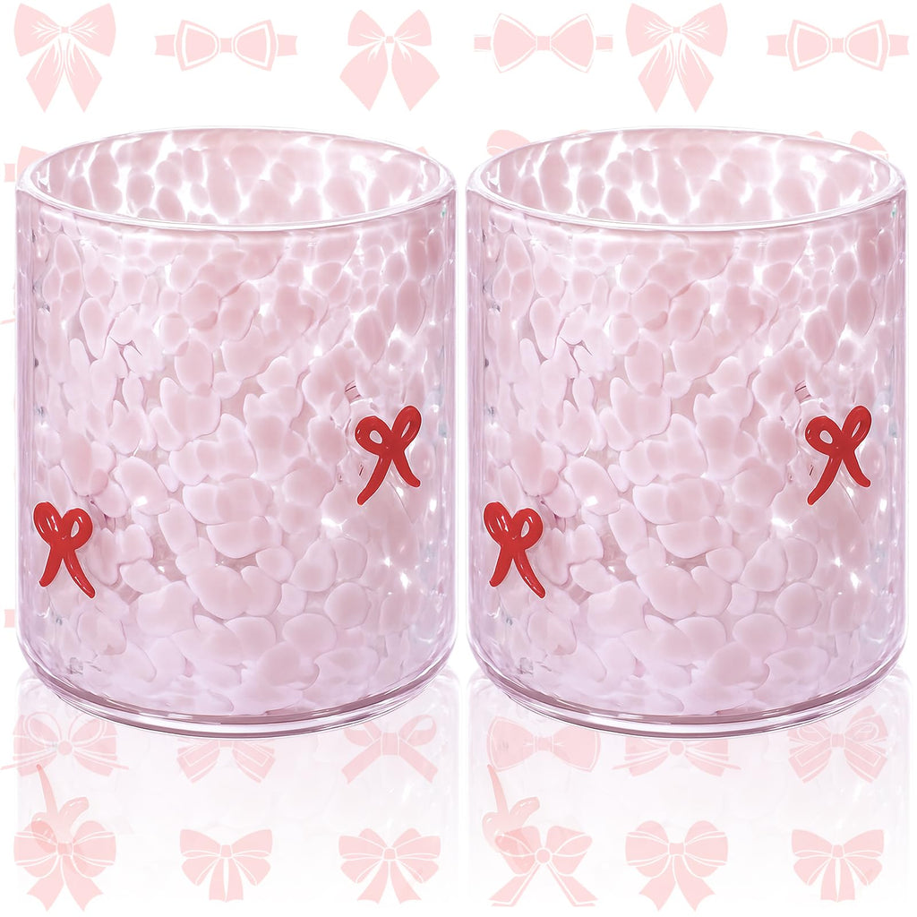 Ovveroche 2 Pcs Pink Bow Icon Juice Glass 14 oz Bow Reusable Stemless Icon Drinking Glasses Cups for Birthday Wedding Party Supplies Gift