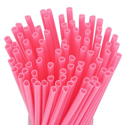 120PCS Tomnk Pink Heart Shaped Straws, 8.3" Long Disposable Cute Plastic Straws for Valentines Day, Cocktail, Birthday Party, Bridal Shower, Wedding Decorations