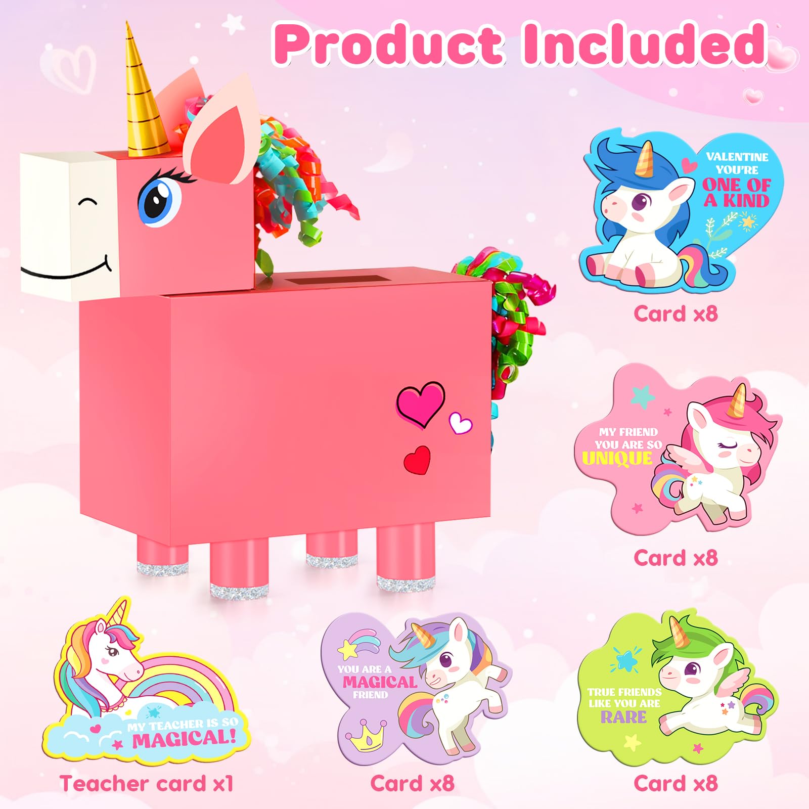 Bstoyder Unicorn Valentines Day Box and Cards for Kids School, Valentines Day Cards Gifts for Kids Classroom Exchange, School Party Favors (1 Unique Pink Box, 32 Valentine Cards, 1 Teacher Card)