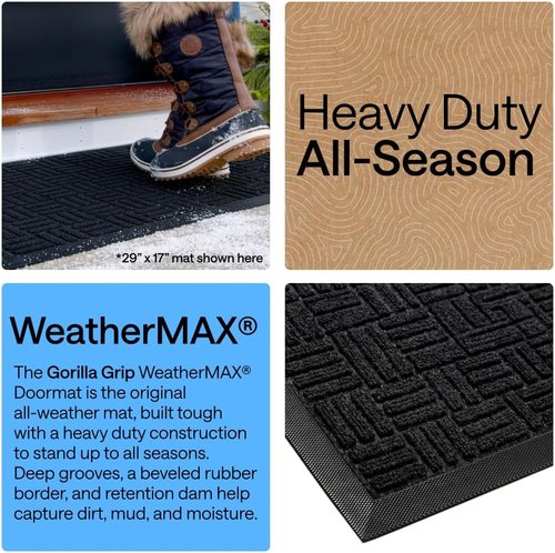 GORILLA GRIP Waterproof All-Season WeatherMAX Doormat - 47x35" Natural Rubber, Stain & Fade Resistant, Easy Clean Black Maze