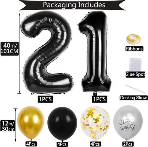 21st Birthday Decorations - 40-Inch Number Balloons & 12-Inch Balloons | Perfect for Men & Women Parties