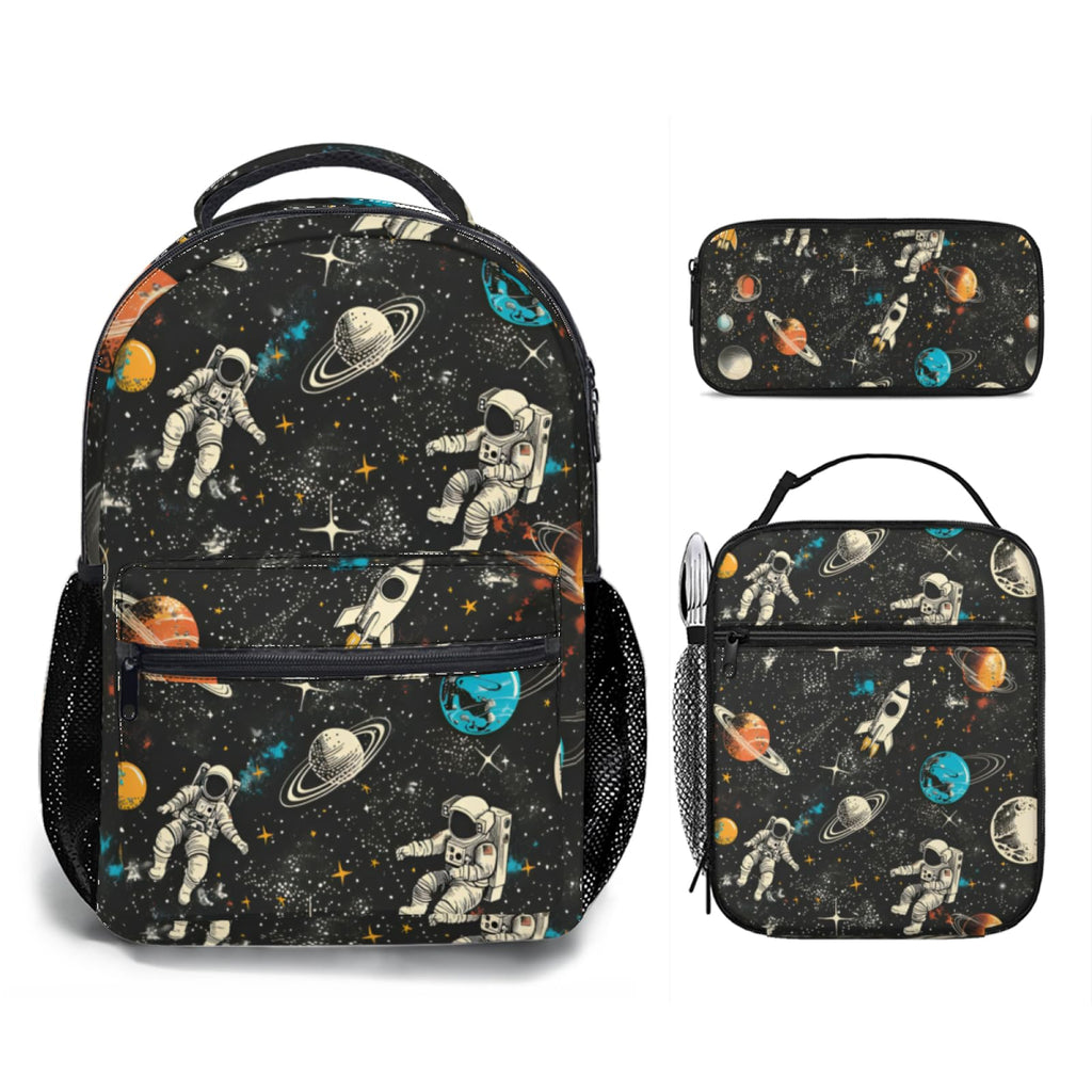 Jollitot Space Backpack for Boys with Insulated Lunch Box Pencil Case (3 Set), 17 Inch Large Lightweight School Bookbag for Elementary Middle School Kids, Waterproof Astronaut Travel Daypack (Black)