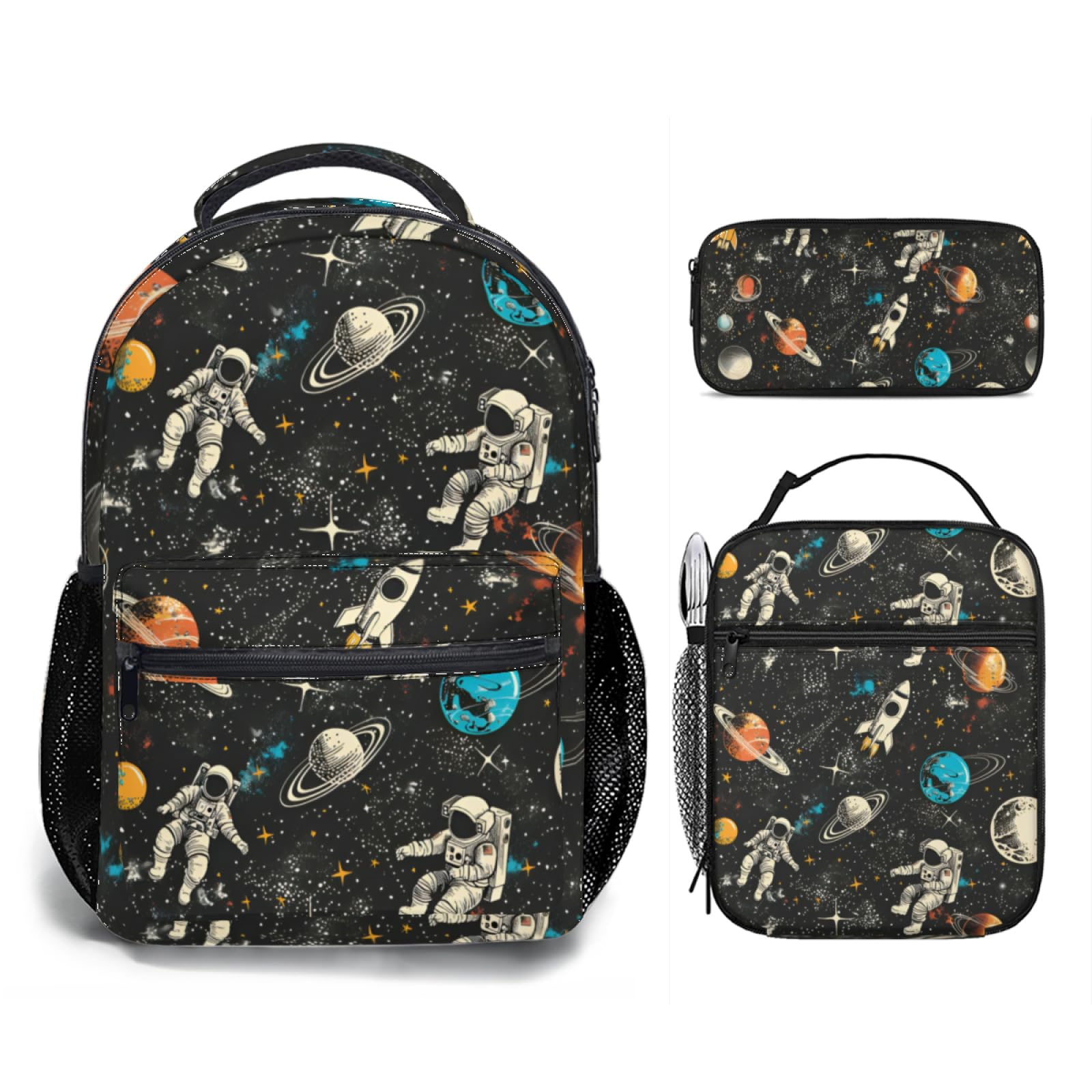 Jollitot Space Backpack for Boys with Insulated Lunch Box Pencil Case (3 Set), 17 Inch Large Lightweight School Bookbag for Elementary Middle School Kids, Waterproof Astronaut Travel Daypack (Black)