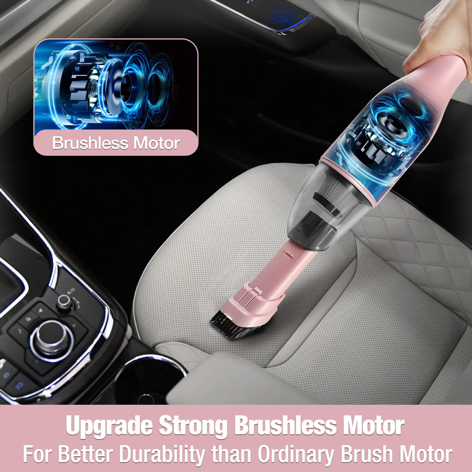 HAUSHOF Handheld Vacuum, Cordless Car Vacuum Cleaner 8000PA/12000PA 2 Modes with Cleaning Brush, Rechargeable Portable Mini Vacuum for Car, Home and Pet(Pink)