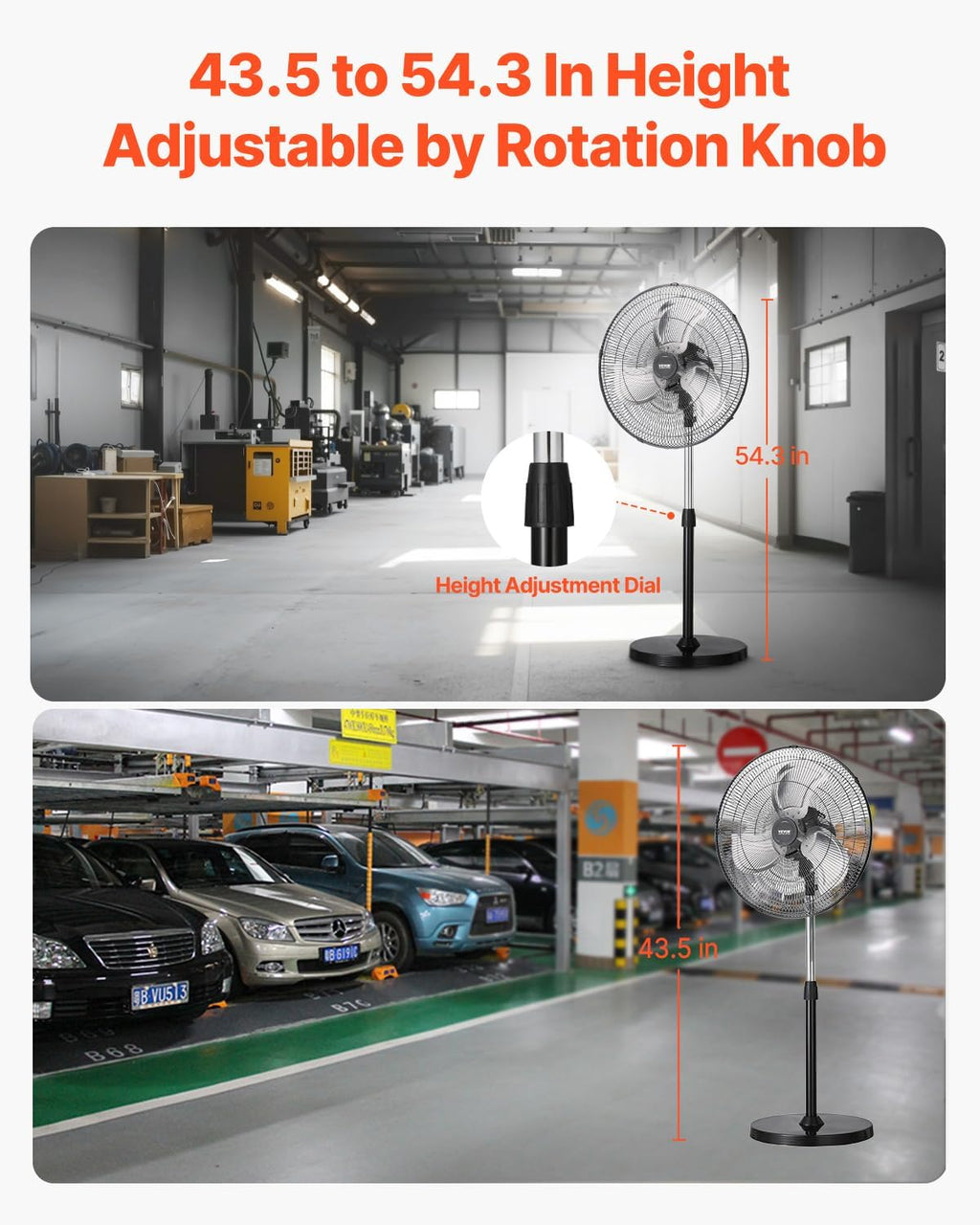 VEVOR 20-Inch Industrial Pedestal Fan - Adjustable Height & 90-Degree Oscillation | Powerful Black Floor Fan for Warehouses & Garages