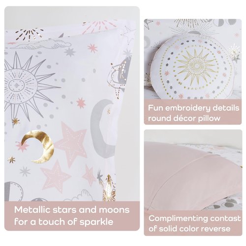 Intelligent Design Kids Full Comforter Set, Celestial Metallic Starry Sky, Moon & Sun Comforters, All Seasons Lightweight & Fluffy Comforter Bed Set, 2 Shams, Celia, Full/Queen, Blush/Gold 4 Piece