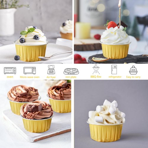200Pcs Round Aluminum Baking Cake Pans with Clear Plastic Lids, Foil Pie Tin Tart Pans Disposable Ramekins Browni Baking Cups Dessert Cups for Wedding Birthday Party,5oz Gold