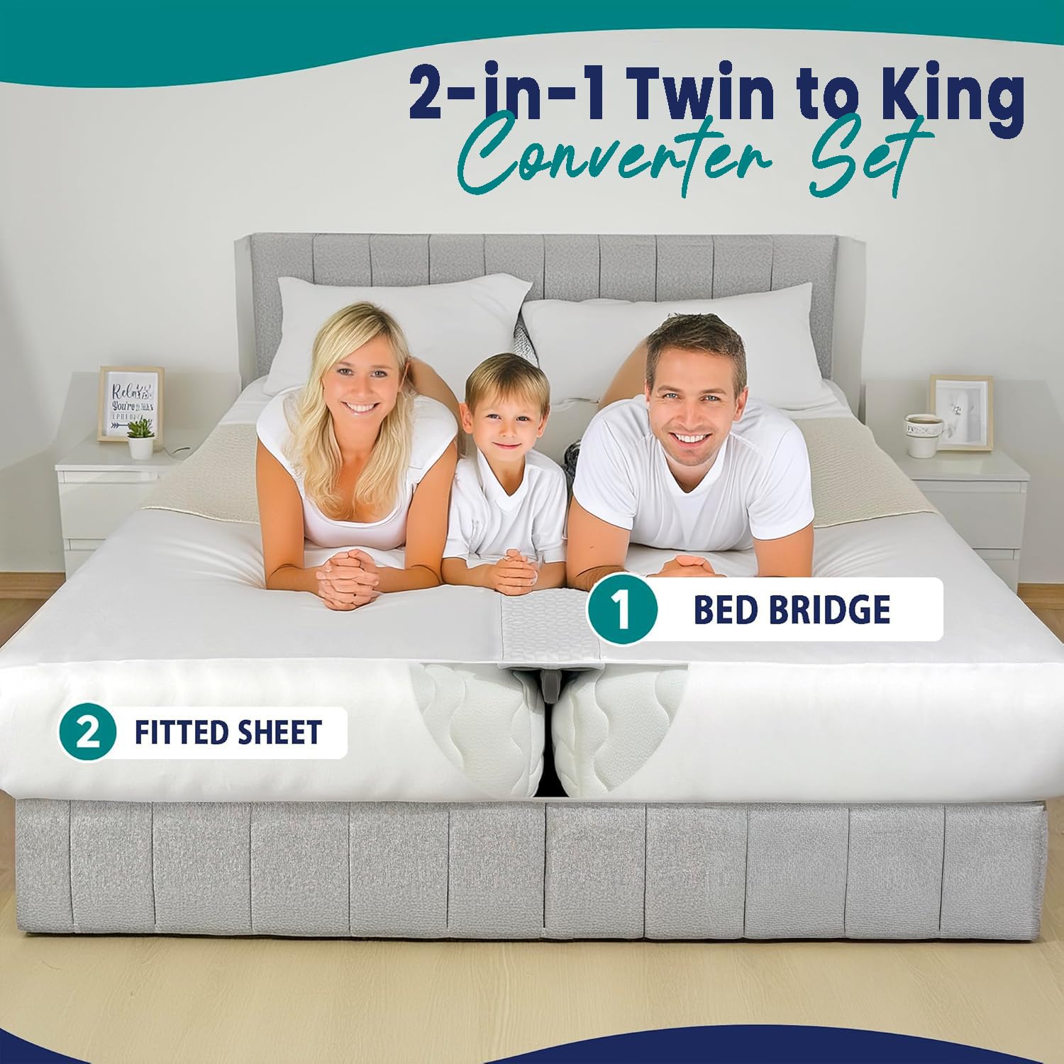EPHEDORA 2-in-1 Fitted Sheet Attached Bed Bridge Twin (XL) to King Converter Kit | Split King Gap Filler for Adjustable Bed | White