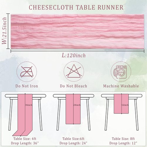 Dekafri Pink Cheesecloth Table Runner 12 Pack 120 Inch Light Pink Cheese Cloth Table Runner 10ft Long Gauze Table Runners for Wedding Decor Bridal Shower Baby Shower Party Table Decorations