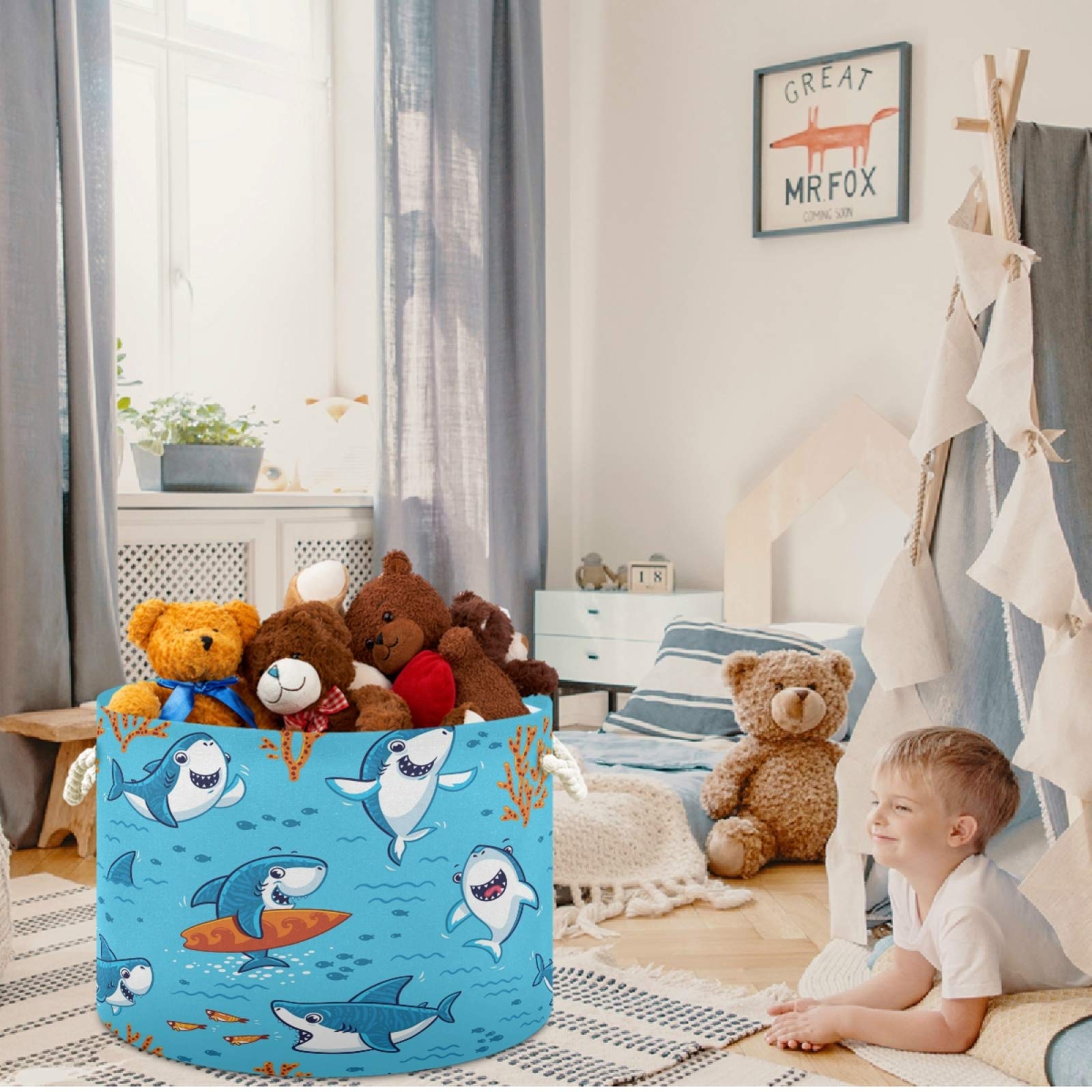 visesunny Storage Basket Shark Coral Cartoon Nursery Hamper Canvas Fabric Toy Storage Organizer Bin Storage Box Laundry Basket for Kid Rooms,Playroom,Shelves,Toy Basket
