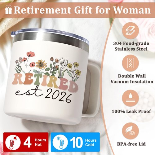 Lifecapido Retirement Gift for Woman, Retirement Gifts for Women 2026, 14oz Insulated Coffee Mug with Bookmark, Retired Birthday Christmas Gifts for Women Mom Grandma Teacher Nurse Coworkers