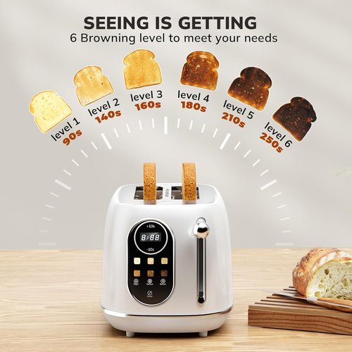 Keenstone Smart Touch Screen Toaster - 2 Slice Retro Stainless Steel with 6 Browning Levels | White