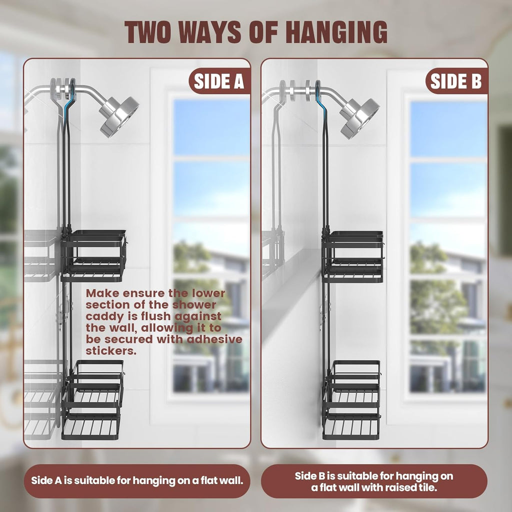 Reinhardt Adjustable Shower Caddy - Rustproof Hanging Organizer with Hooks & Soap Holder | Black