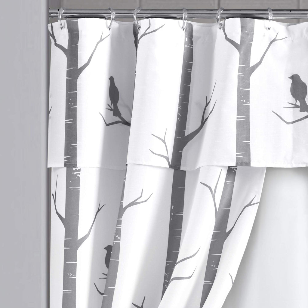 Lush Decor Bird On The Tree Double Swag Shower Curtain with Peva Lining & Rings, Gray, 16 Pieces