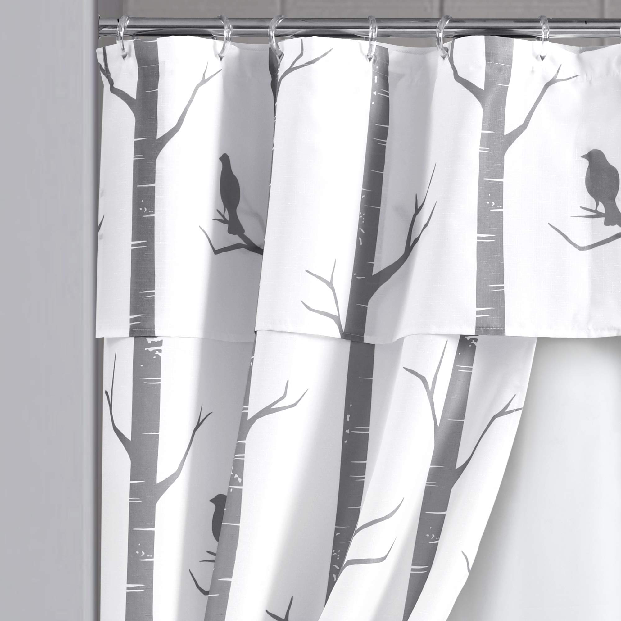 Lush Decor Bird On The Tree Double Swag Shower Curtain with Peva Lining & Rings, Gray, 16 Pieces