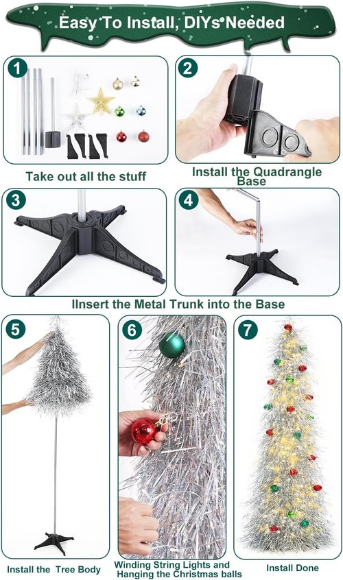BrilliantJo 6ft Artificial Christmas Tree - Lighted & Ornamented | Collapsible Silver Tinsel Design