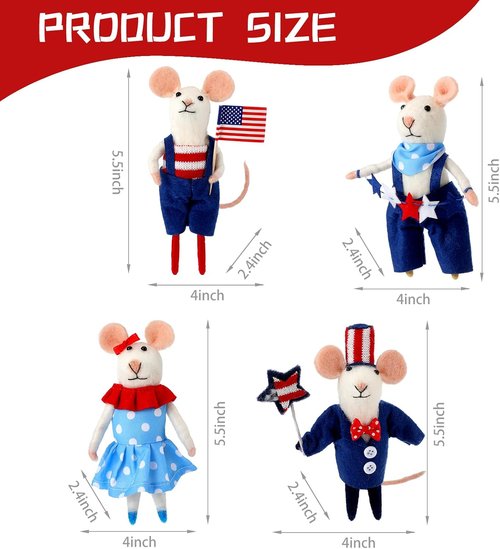 Hahafelt 4 Pcs 4th of July Felt Mice Ornaments - Cute Handmade Patriotic Wool Mice Set | 3.94 Inch