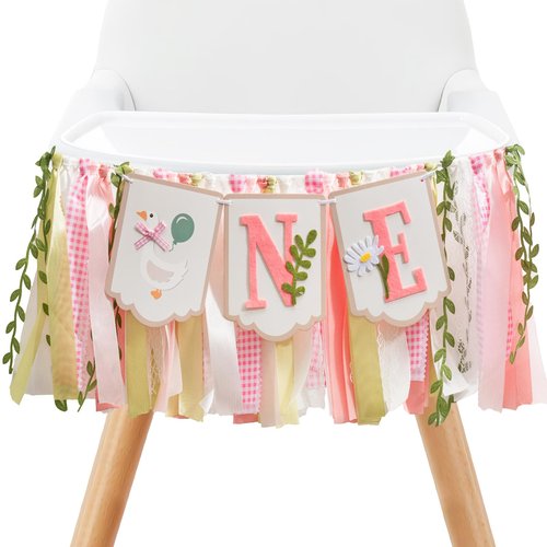 Pre - stung Silly Goose High Chair Banner for Girls1st Birthday - Pink & Gold Baby Girl Cake Smash Cake Smash Props, Premium First Birthday ONE Banner Party Decoration