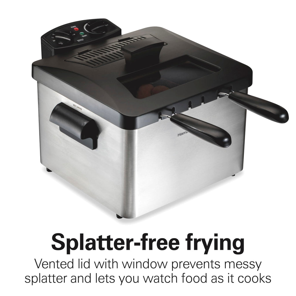 Hamilton Beach Electric Deep Fryer with 2 Baskets and Lid, 4.5 Liters / 19 Cups Oil Capacity, Temperature Control, View Window, Professional Style, 1800 Watts, Stainless Steel (35036)