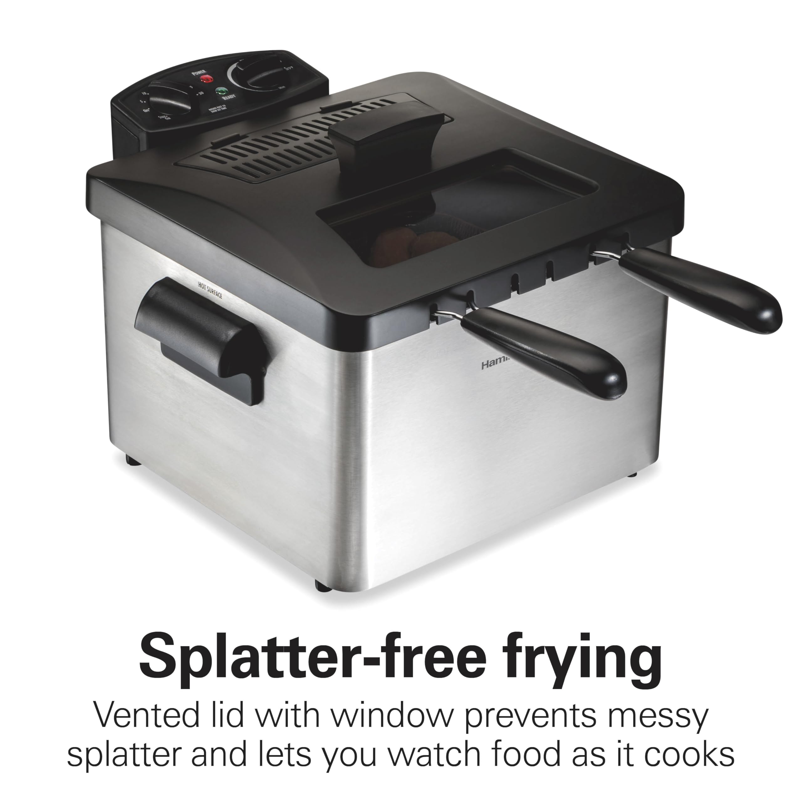 Hamilton Beach Electric Deep Fryer with 2 Baskets and Lid, 4.5 Liters / 19 Cups Oil Capacity, Temperature Control, View Window, Professional Style, 1800 Watts, Stainless Steel (35036)