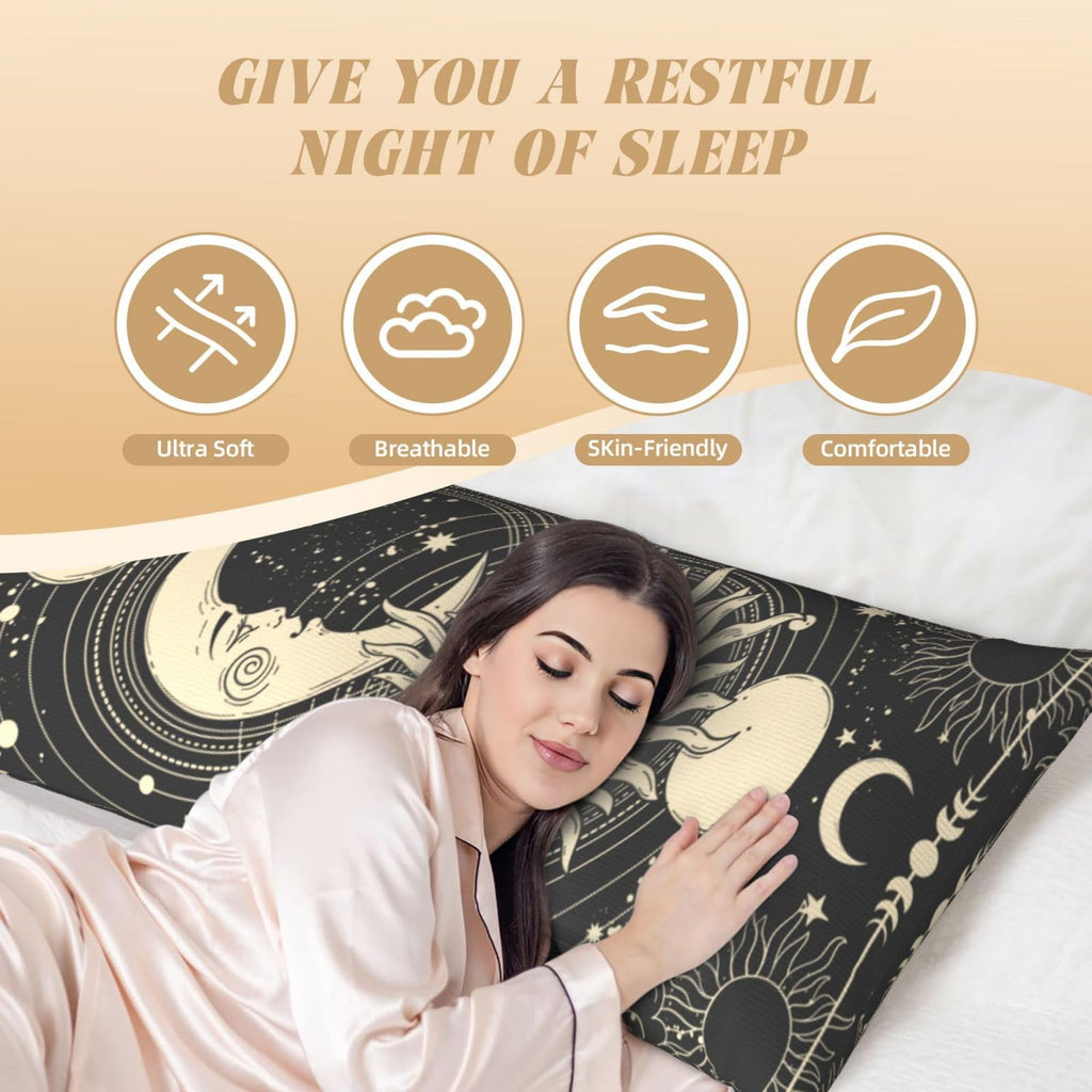 Vintage Sun Moon Stars Body Pillow Cover - Pillowcases 20"x54" with Hidden Zipper Closure Soft and Breathable