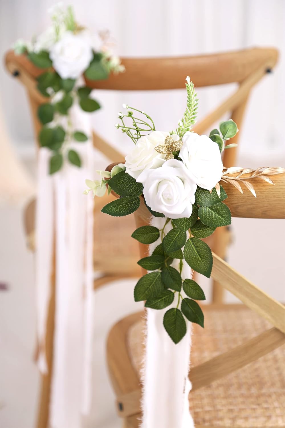 Skiennix Wedding Aisle Decorations - Set of 10 Artificial Pew Flowers with Eucalyptus & Ribbons | Elegant White Decor