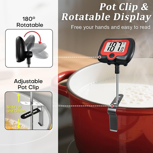 BOMATA Digital Candy Thermometer - Rotatable Display & Long Probe for Cooking, Candy, Oil | Black
