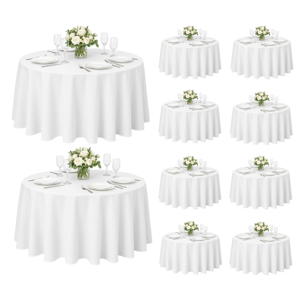 Craft And Party 10 Pack 108 Inch White Round Tablecloth, Polyester Fabric Washable Table Cloth for Home, Party, Wedding or Restaurant Use.